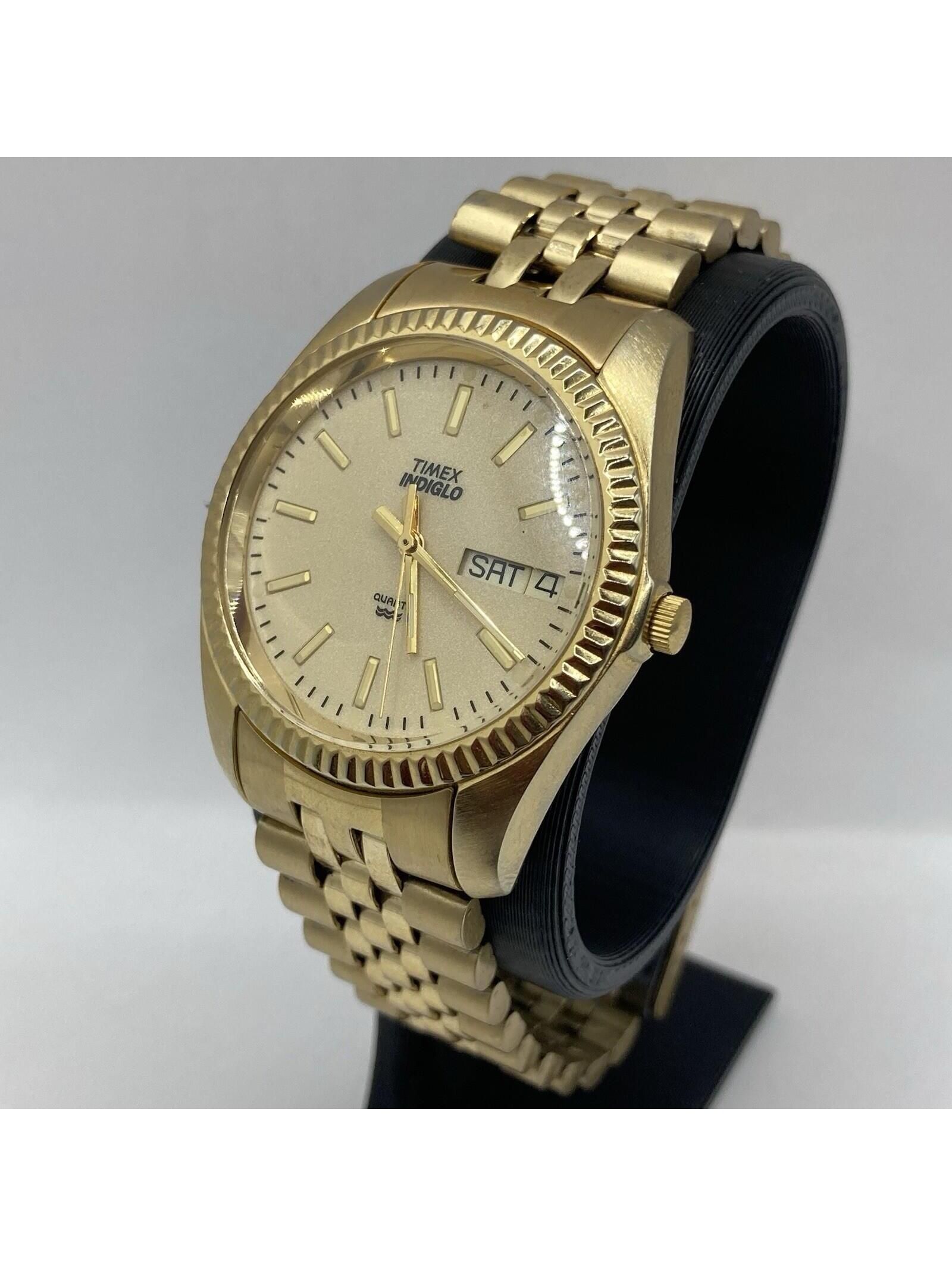 Vintage Timex President Style Gold Tone Indiglo Watch Day Date Jubilee Band